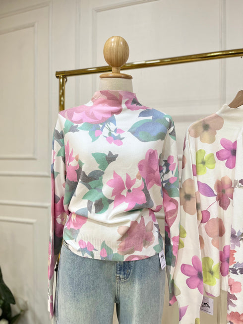 Women High Neck Floral Printed Knitted Pullover